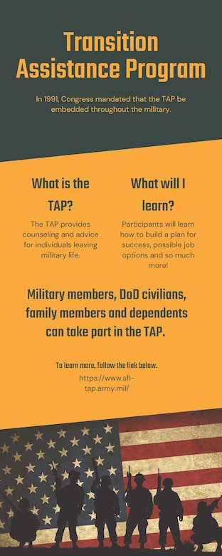 The Transition Assistance Program is available to military members, Department of Defense civilians and their families. The program helps ensure that individuals who are separating or retiring for any reason, have a plan for their future. (U.S. Air Force infographic by Senior Airman Sarah Dowe)