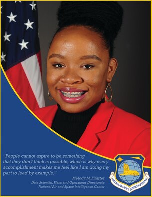Melody M. Finister, the lead data scientist for the Plans and Operations Directorate, National Air and Space Intelligence Center, Wright-Patterson Air Force Base, Ohio, was selected for the Air Force’s 2021 Blacks in Government Meritorious Service award June 3, 2021. Finister was selected for her community service work aiding refugees and other underserved communities such as women and minorities; in addition her work at NASIC bolstering analysis capabilities and imagery analyst efficacy.