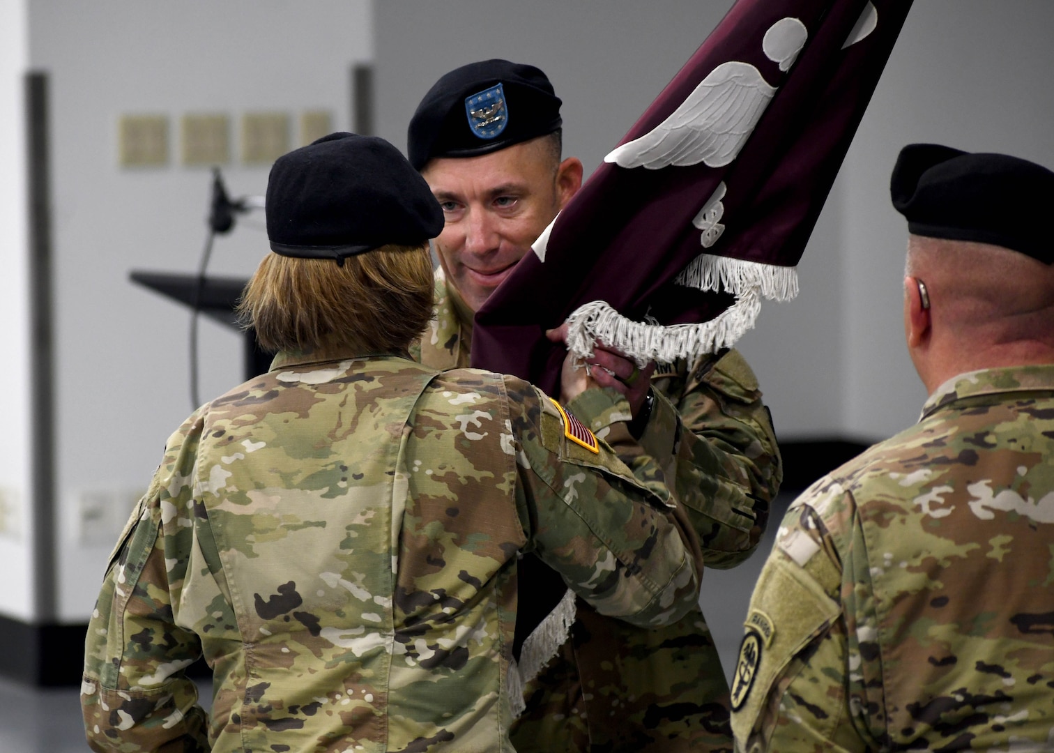 Col. Matthew Mapes, the new commander of the U.S. Army Medical Department Activity (MEDDAC), Fort Drum, N.Y., receives the organization’s flag, or colors, from Brig. Gen. Mary V. Krueger, the commanding general of Regional Health Command – Atlantic, during the MEDDAC change of command ceremony, July 16, 2021.  The passing of the colors is a traditional gesture symbolizing the continuation of trust, ensuring that the unit and its Soldiers are never without official leadership.