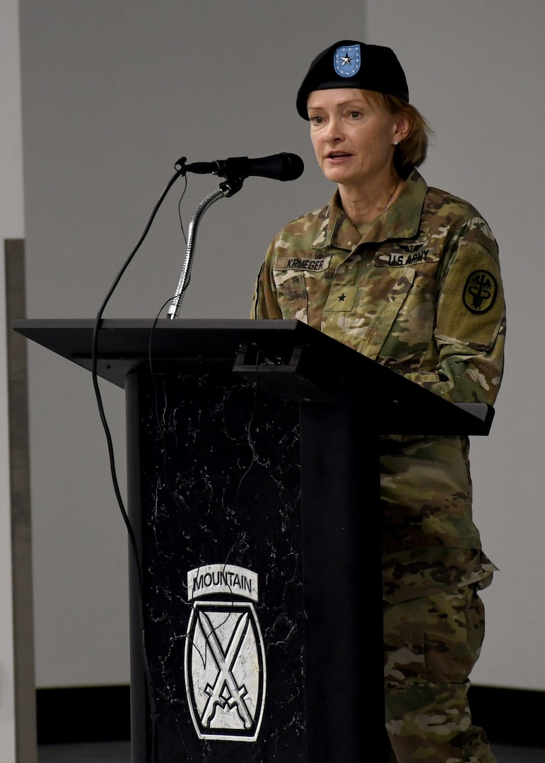 Brig. Gen. Mary V. Krueger, the commanding general of Regional Health Command – Atlantic, speaks to the audience during the U.S. Army Medical Department Activity (MEDDAC), Fort Drum, New York change of command ceremony, July 16, 2021.  During the ceremony, Col. Matthew Mapes assumed command of the MEDDAC from Col. Robert Heath.