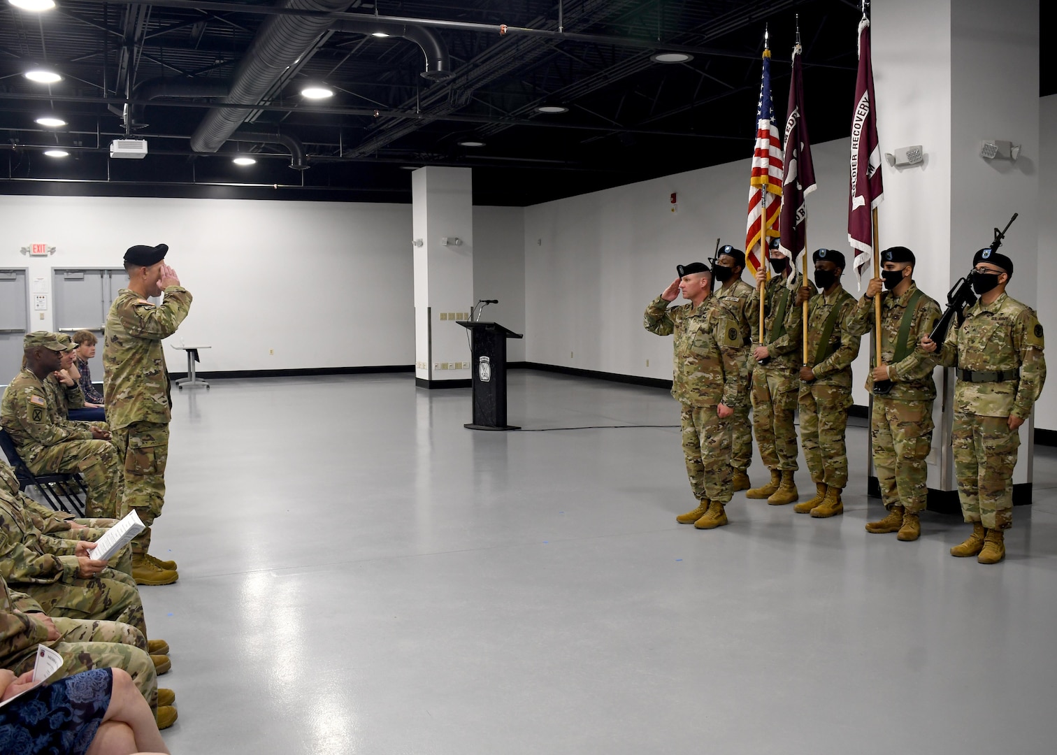 Col. Matthew Mapes, left, the new commander of the U.S. Army Medical Department Activity (MEDDAC), Fort Drum, N.Y., salutes the organization color guard, officially closing out the MEDDAC change of command ceremony July 16, 2021.  During the ceremony, Mapes, a Highland Park, Ill. native, assumed command of the MEDDAC from Col. Robert Heath.