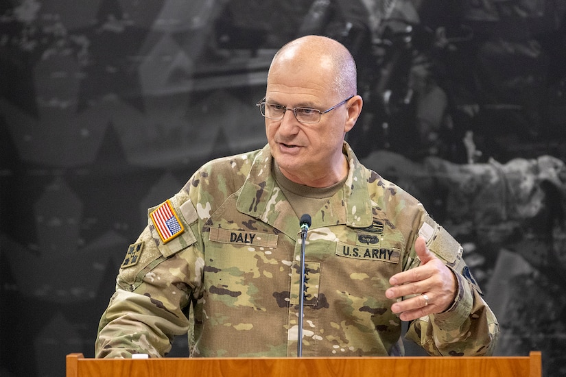 Gen. Edward M. Daly, U.S. Army Materiel Command commanding general, delivers his remarks during a U.S. Army Financial Management Command assumption of command ceremony at the Maj. Gen. Emmett J. Bean Federal Center in Indianapolis July 15, 2021. During the ceremony, Col. Paige M. Jennings assumed command of USAFMCOM, which enables the readiness of America’s Army by serving as the focal point for all finance and comptroller operations while providing capabilities that facilitate accountability, auditability and stewardship. (U.S. Army photo by Mark R. W. Orders-Woempner)