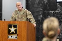 Gen. Edward M. Daly, U.S. Army Materiel Command commanding general, speaks to Col. Paige M. Jennings, U.S. Army Financial Management Command commander, shortly after Jennings assumed command at the Maj. Gen. Emmett J. Bean Federal Center in Indianapolis July 15, 2021. USAFMCOM enables the readiness of America’s Army by serving as the focal point for all finance and comptroller operations while providing capabilities that facilitate accountability, auditability and stewardship. (U.S. Army photo by Mark R. W. Orders-Woempner)