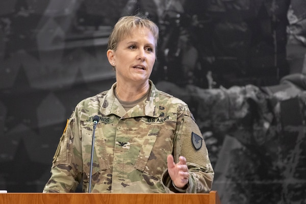 Col. Paige M. Jennings, U.S. Army Financial Management Command commander, delivers remarks during her assumption of command ceremony at the Maj. Gen. Emmett J. Bean Federal Center in Indianapolis July 15, 2021. USAFMCOM enables the readiness of America’s Army by serving as the focal point for all finance and comptroller operations while providing capabilities that facilitate accountability, auditability and stewardship. (U.S. Army photo by Mark R. W. Orders-Woempner)