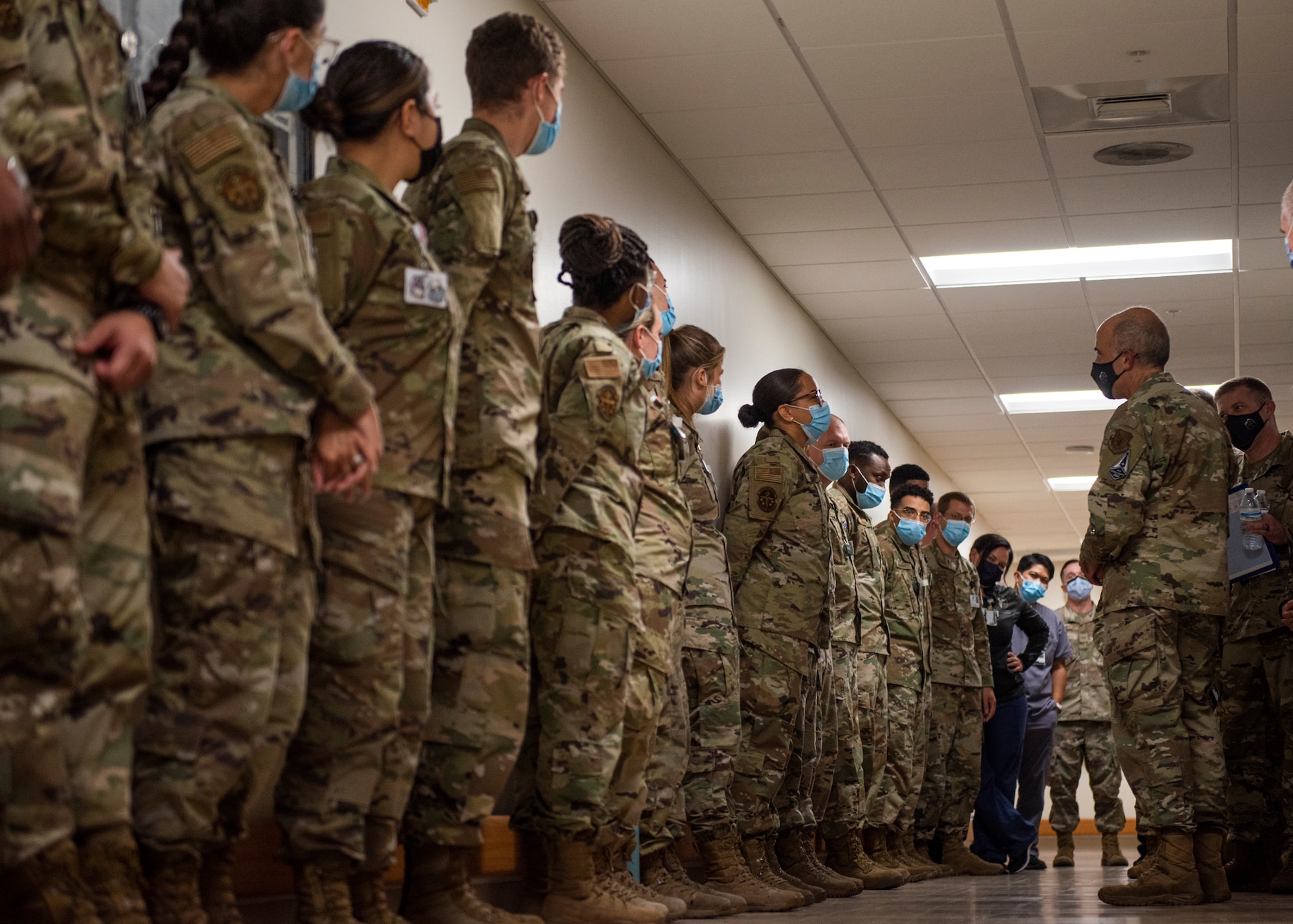 Lt. Gen. Robert Miller, U.S. Air Force and U.S. Space Force surgeon general, talks to a members assigned to the 99th Medical Group at Nellis Air Force Base, Nevada, July 13, 2021