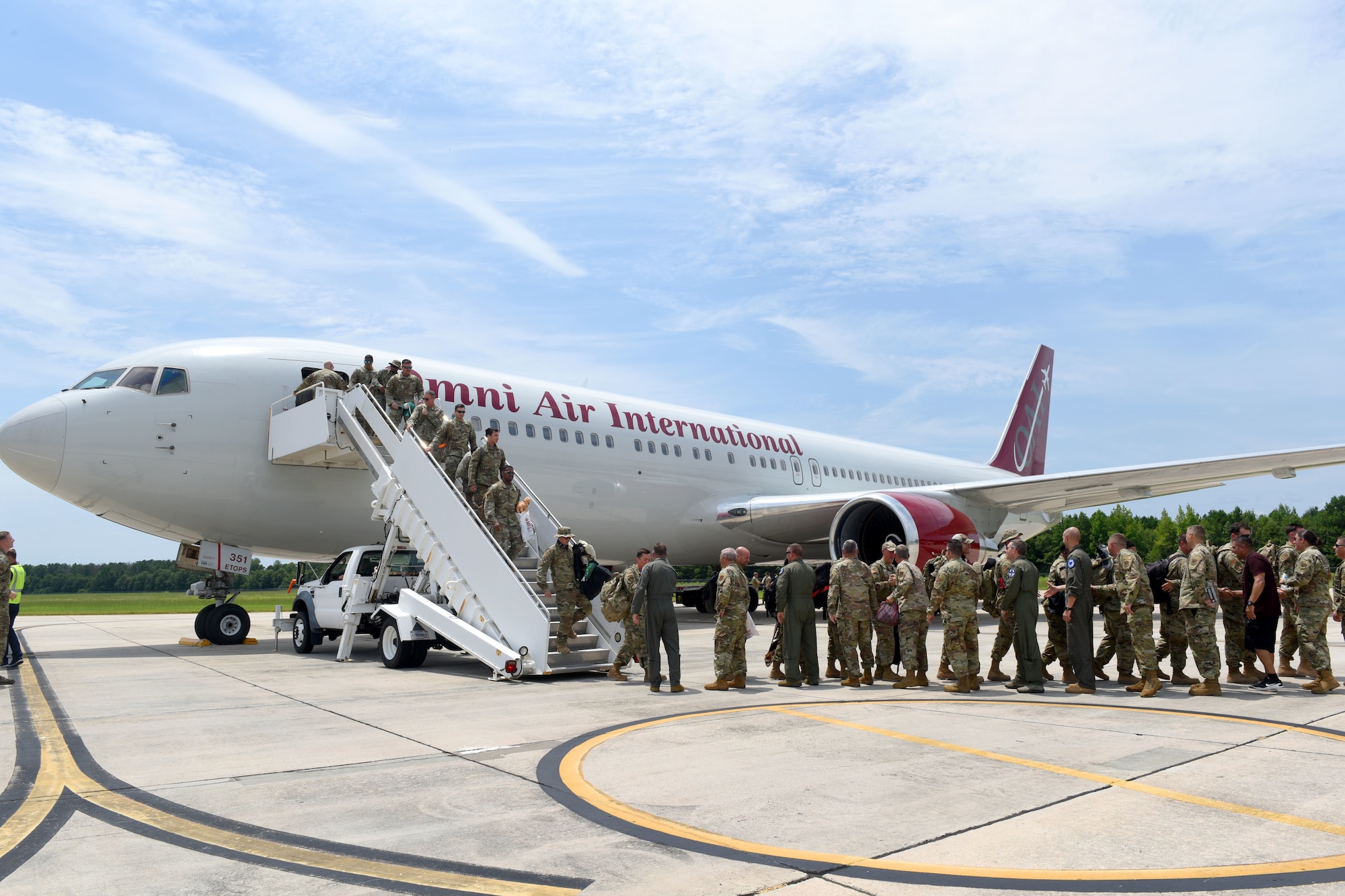 U.S. Air Force personnel recently deployed to Prince Sultan Air Base, Kingdom of Saudi Arabia, return home July 18, 2021 to the 169th Fighter Wing at McEntire Joint National Guard Base, South Carolina. “Swamp Fox” Airmen from the South Carolina Air National Guard’s 169th Fighter Wing were deployed to PSAB
for the past three months to project combat power and help bolster defensive capabilities against potential threats in the region. (U.S. Air National Guard photo by Senior Airman Mackenzie Bacalzo, 169th Fighter Wing Public Affairs)