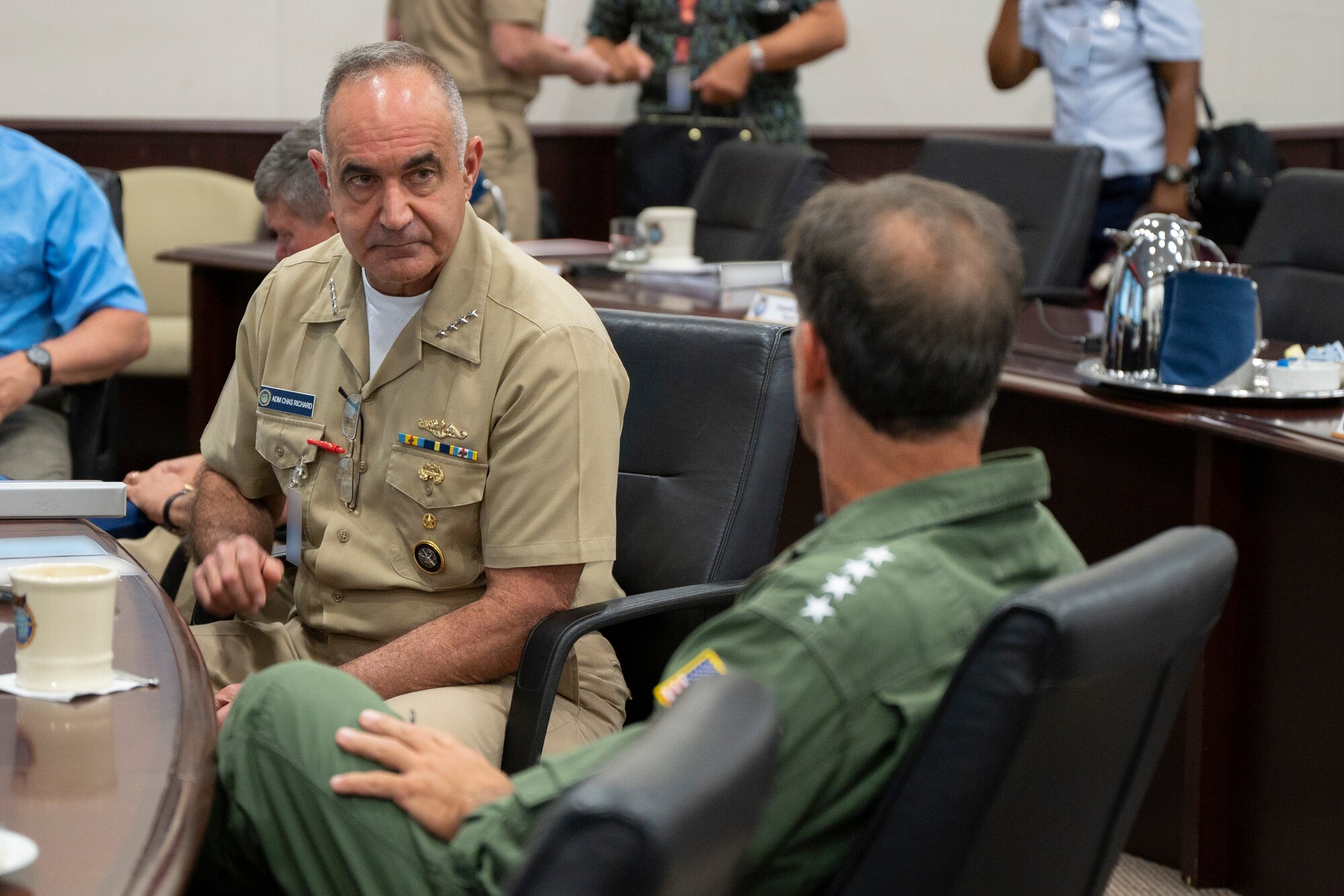 Adm. Richard visits with Adm. John Aquilino, U.S. Indo-Pacific Command commander. The leaders discussed key security issues and areas of integration required to address cross-domain regional challenges and global threats.