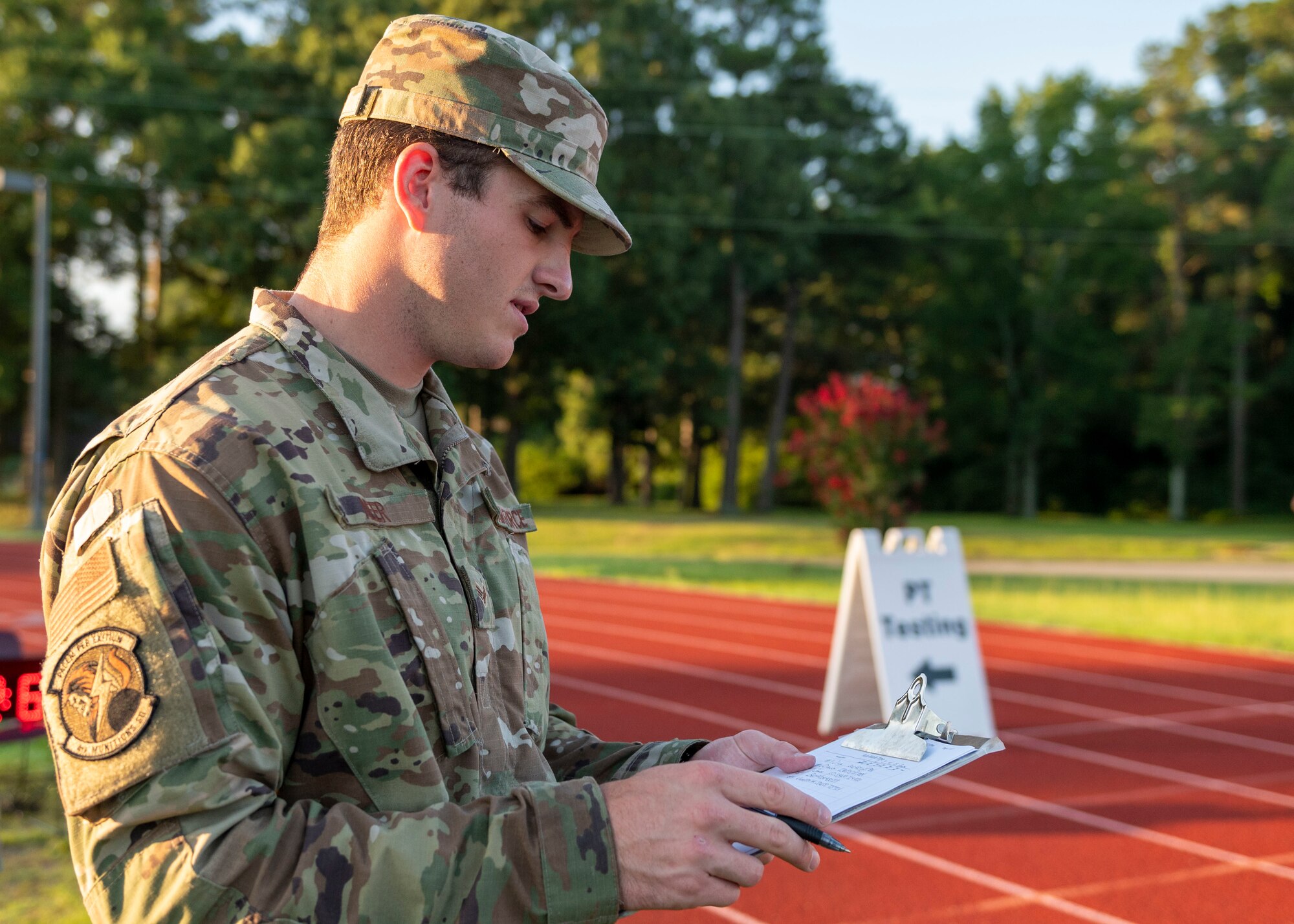 Senior Airman John Neer, 4th Munitions Squadron munition systems technician, reviews his notes after conducting an FA at Seymour Johnson Air Force Base, North Carolina, July 13, 2021.