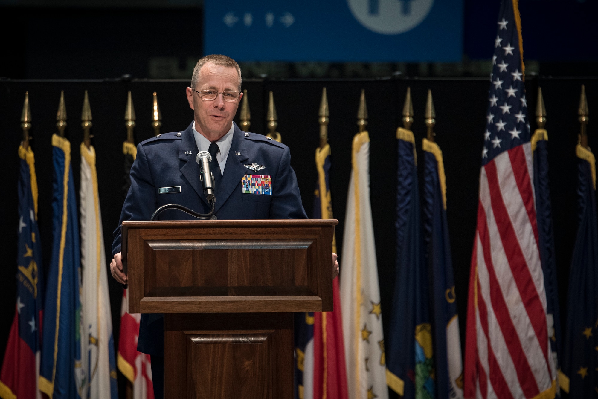Brig. Gen. (Dr.) John Andrus speaks at his assumption of command ceremony July 19, 2021, at the National Museum of the U.S. Air Force. Andrus assumed command of the 711th Human Performance Wing, part of the Air Force Research Laboratory. (U.S. Air Force photo by Richard Eldridge)