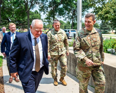 U.S. Air Force Lt. Gen. Michael A. Loh, Director of the Air National Guard, and other senior leaders from the 133rd Airlift Wing and the Minnesota National Guard greet Minnesota Gov. Tim Walz in St. Paul, Minn., July 16, 2021.