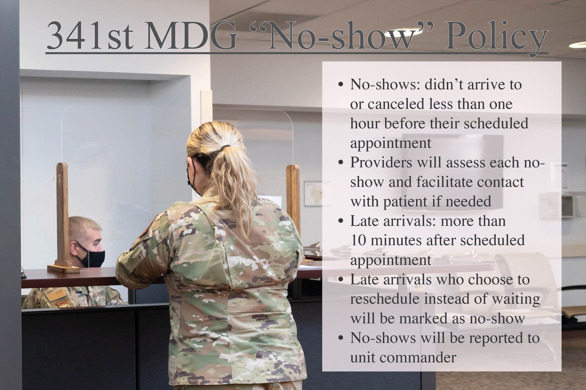 A graphic detailing the 341st Medical Group "late-show" and "no-show" policy.