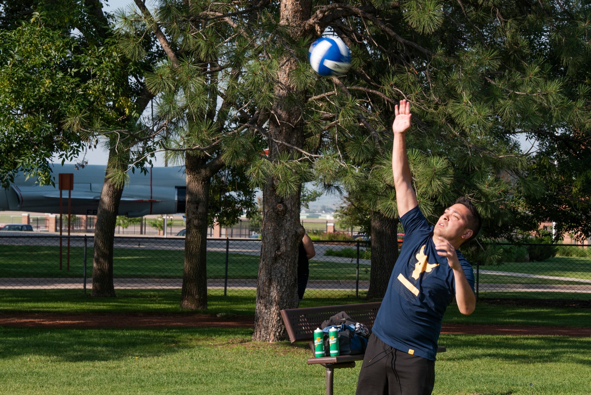 U.S. Space Force Tech. Sgt. Shawn Erway, 21st Communications Squadron, plays volleyball during Sports and Field Day at Peterson Air Force Base, Colorado, July 16, 2021.  The 21st Force Support Squadron hosted the base-wide event open to active duty Airmen and Guardians, and DoD civilians. Families were also invited to attend the free picnic lunch. (U.S. Space force photo by Airman Aaron Edwards)