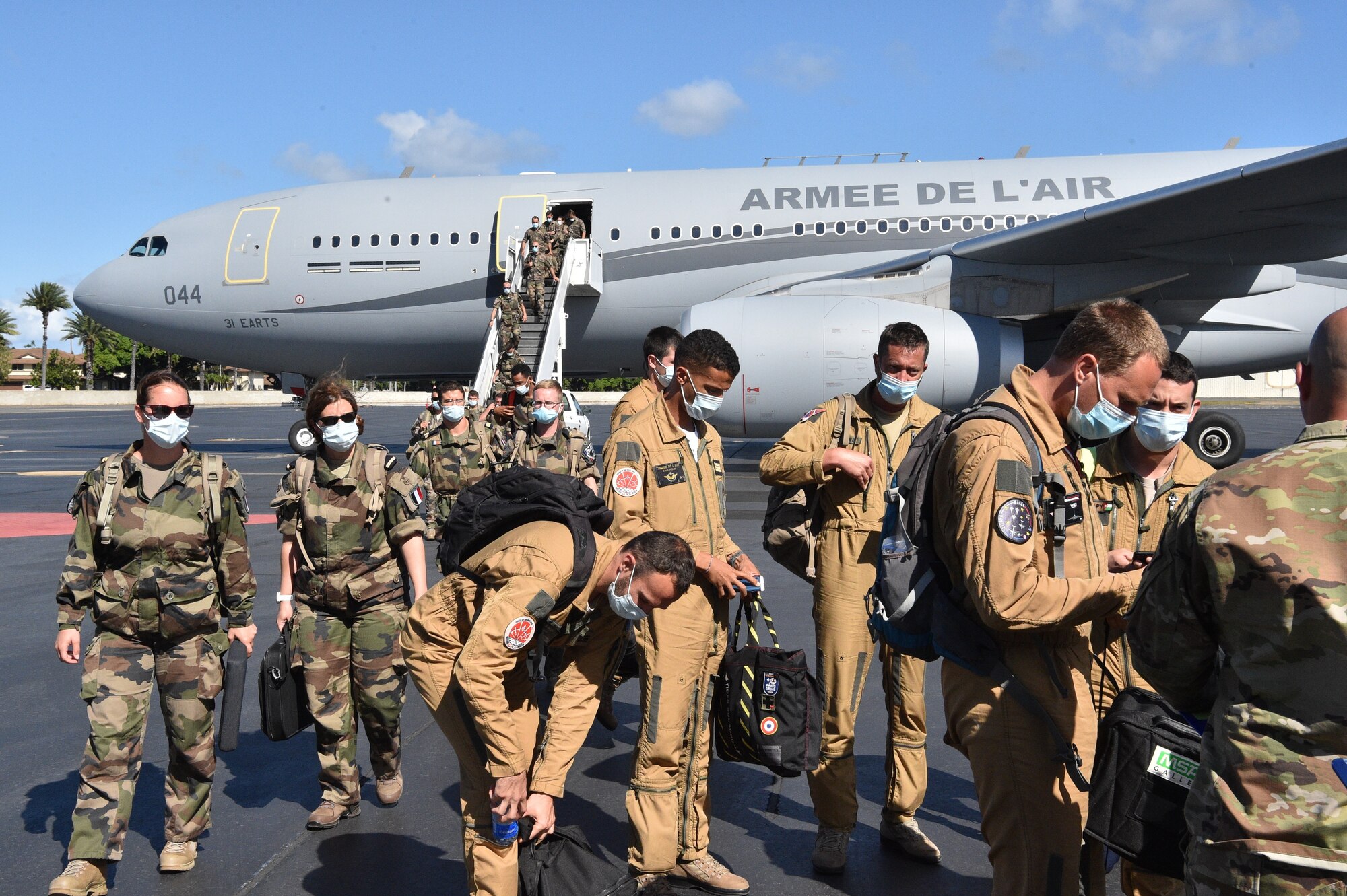 Members from the French Air and Space Force land in Hawaii as part of Exercise WAKEA, a joint U.S. and French training mission at Joint Base Pearl Harbor-Hickam, Hawaii, June 27, 2021. French airmen flew and trained alongside their U.S. counterparts to better understand each nation’s capabilities and how to work together in the future. (U.S. Air Force photo by 1st Lt. Benjamin Aronson)