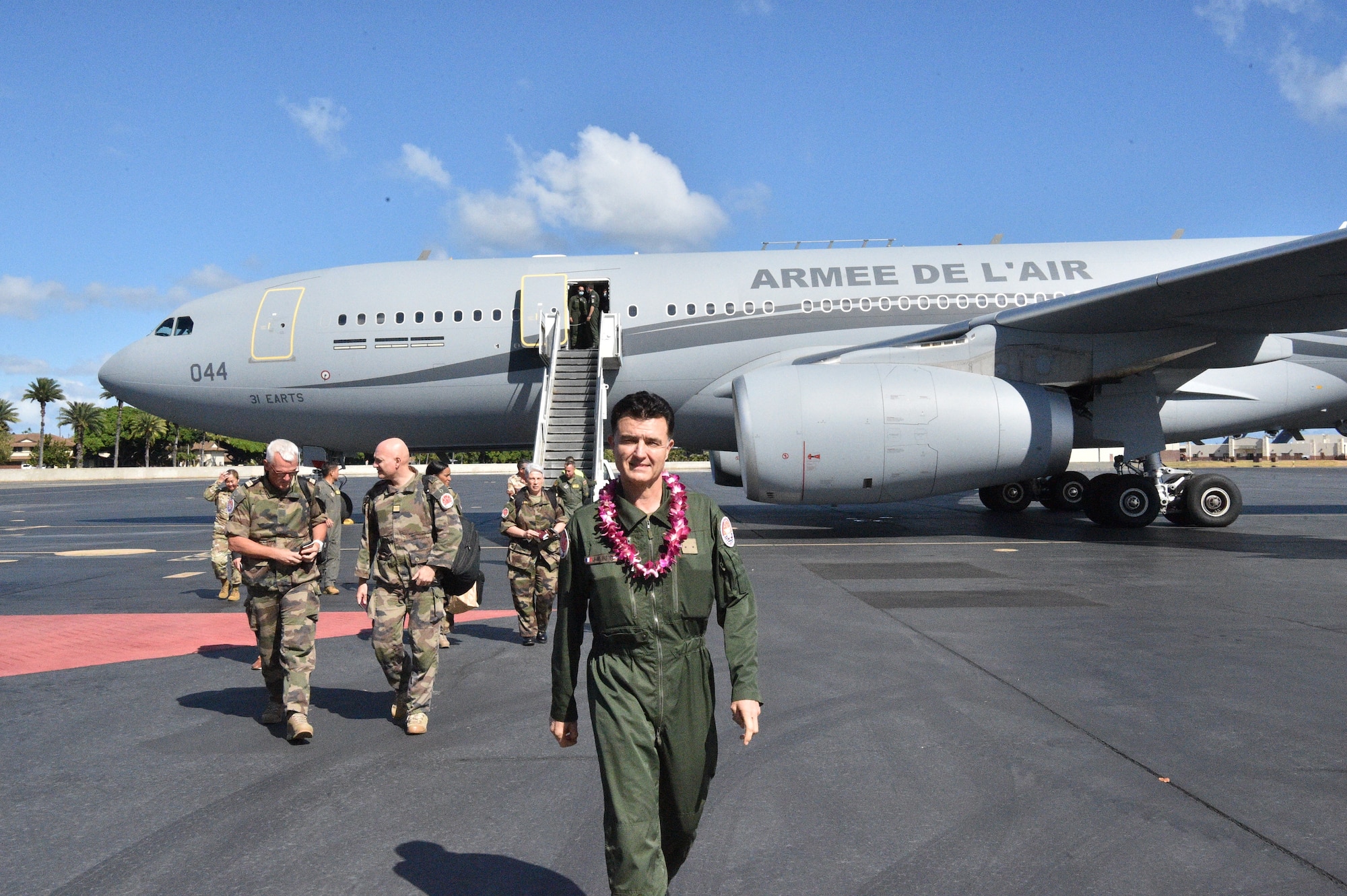 Members from the French Air and Space Force land in Hawaii as part of Exercise WAKEA, a joint U.S. and French training mission at Joint Base Pearl Harbor-Hickam, Hawaii, June 27, 2021. French airmen flew and trained alongside their U.S. counterparts to better understand each nation’s capabilities and how to work together in the future. (U.S. Air Force photo by 1st Lt. Benjamin Aronson)