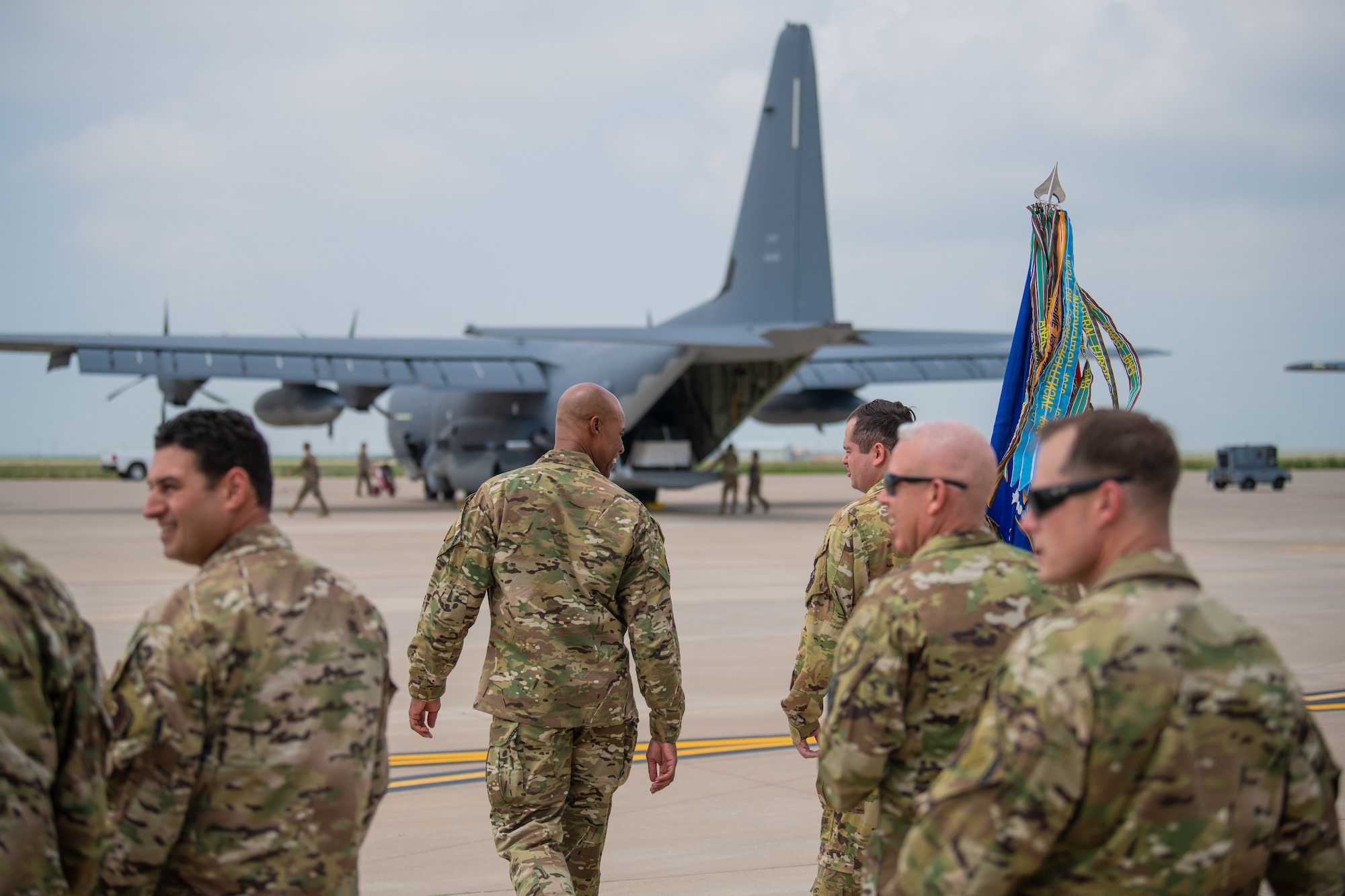 Leaders with the 27th Special Operations Wing approach the flightline to receive a new AC-130J Ghostrider gunship assigned to the 27th Special Operations Group Detachment 2 July 19, 2021, at Cannon Air Force Base, N.M. The arrival of Cannon’s first AC-130J Ghostrider represents a significant expansion of force generation capacity as AFSOC structures for the reemergence of great power competition, tightening fiscal constraints, and the accelerating rate of technological change, demanding significant transformation to ensure Air Commandos are ready to successfully operate in this new environment. (U.S. Air Force photo by Senior Airman Marcel Williams)