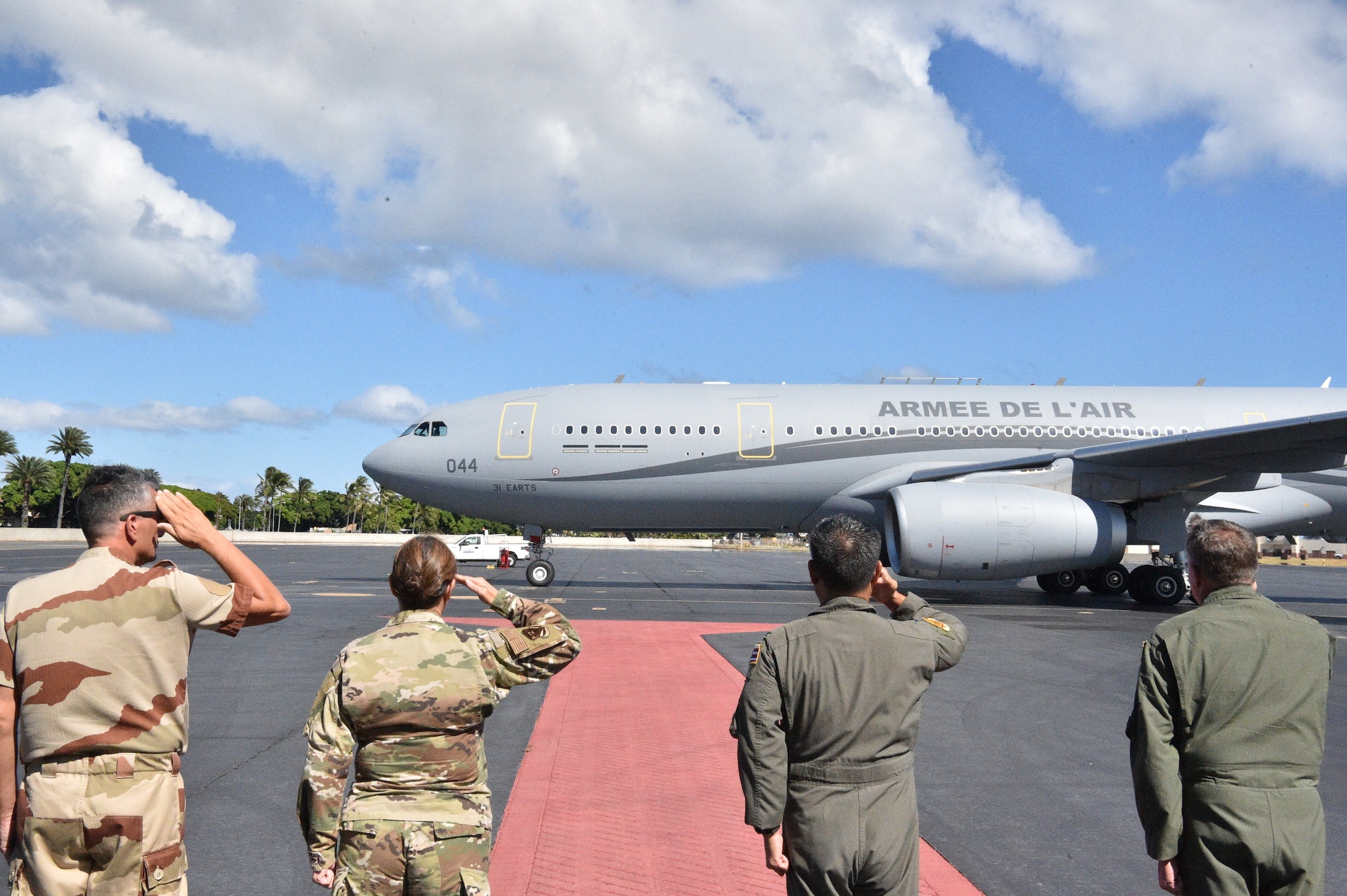 Members from the French Air and Space Force land in Hawaii as part of Exercise WAKEA, a joint U.S. and French training mission at Joint Base Pearl Harbor-Hickam, Hawaii, June 27, 2021. French airmen flew and trained alongside their U.S. counterparts to better understand each nation’s capabilities and how to work together in the future. (U.S. Air Force photo by 1st Lt. Benjamin Aronson)