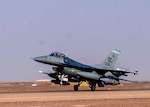 A U.S. Air Force F-16C Fighting Falcon from District of Columbia Air National Guard’s 113th Wing, known as the “Capital Guardians,”  lands on the flight line at Prince Sultan Air Base, Kingdom of Saudi Arabia, July 9, 2021. The wing deployed a contingent of F-16s to PSAB to reinforce the base’s defensive capabilities, provide operational depth, and support U.S. Central Command operations in the region. (U.S. Air Force Photo by Senior Airman Samuel Earick)