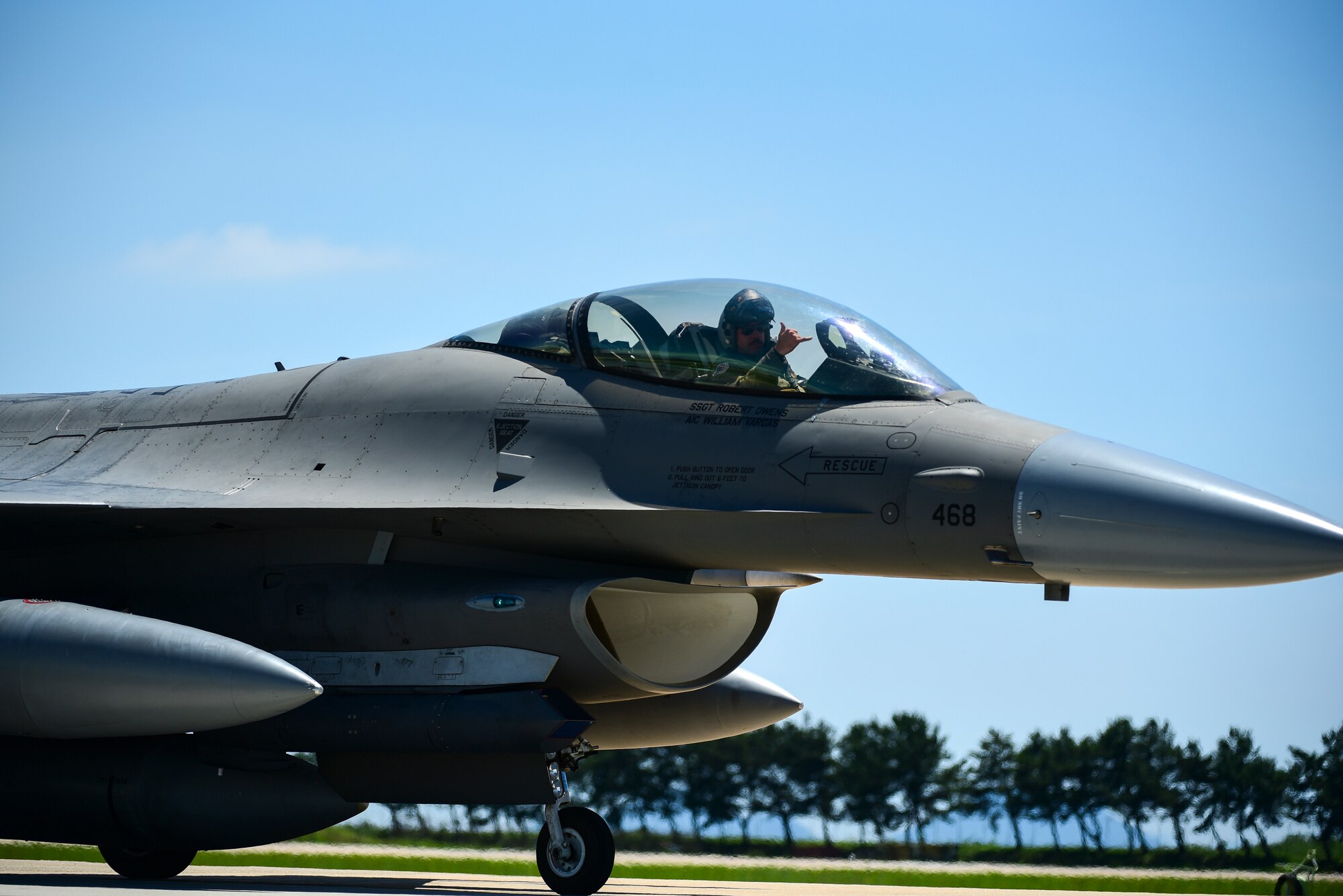 An F-16 Fighting Falcon taxis at Kunsan Air Base, Republic of Korea, July 15, 2021. The last of the 8th Fighter Wing jets returned home after supporting a month-long multinational training at event Red Flag-Alaska 21-2, while practicing Agile Combat Employment tactics. (U.S. Air Force photo by Senior Airman Suzie Plotnikov)