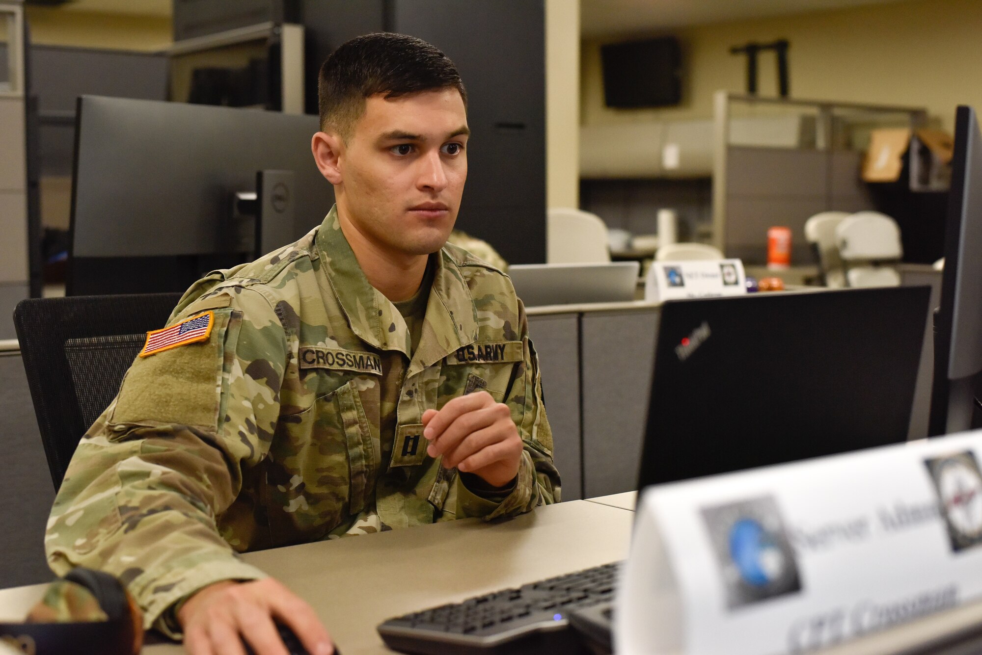 Tennessee National Guard Capt. Curtis Crossman, Det. 2, 175th Cyber Protection Team commander, participates in Cyber Shield 2021, July 14, 2021, at Joint Force Headquarters in Nashville. Cyber Shield 2021 is a national cybersecurity exercise to increase response capabilities of cyber professionals across the country.
