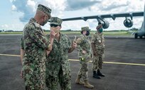 U.S. military and Surinamese military personnel oversee the donation of field hospital equipment at Johan Adolf Pengel International Airport, Suriname, July 16, 2021.