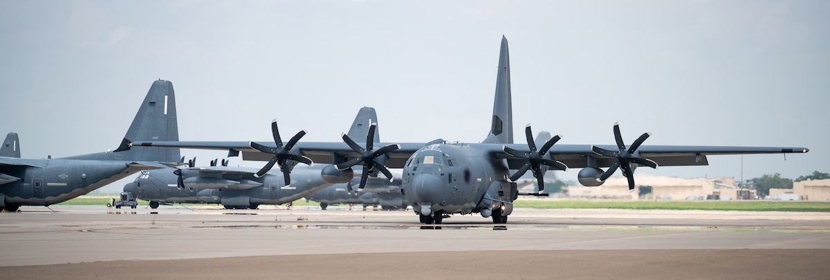 A U.S. Air Force AC-130J Ghostrider gunship, assigned to the 27th Special Operations Group Detachment 2, taxis on the flightline July 19, 2021, at Cannon Air Force Base, N.M. The arrival of Cannon’s first AC-130J Ghostrider represents a significant expansion of force generation capacity as AFSOC structures for the reemergence of great power competition, tightening fiscal constraints, and the accelerating rate of technological change, demanding significant transformation to ensure Air Commandos are ready to successfully operate in this new environment. (U.S. Air Force photo by Senior Airman Marcel Williams) (This photo has been altered for security purposes by blurring out aircraft and squadron identifiers.)