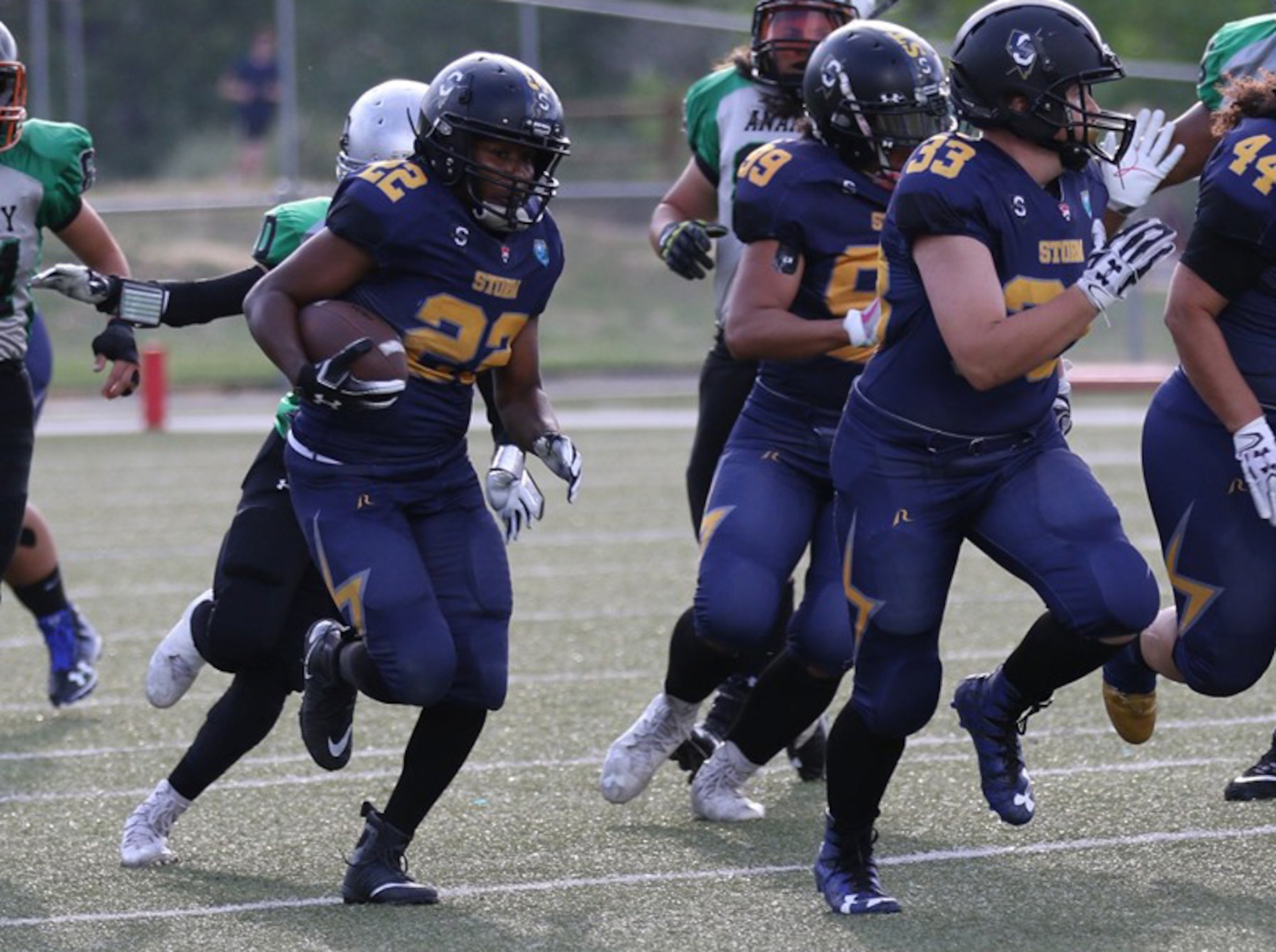 Airman 1st Class Jasmine Plummer plays running back during a Nevada Storm football game during the 2019 season. This year, Plummer and the Reno-based football team of the Women’s Football Alliance are headed to Division II Championship game against the Detroit Dark Angels July 23 at the Pro Football Hall Fame in Canton, Ohio. (Photo courtesy by Nevada storm website)