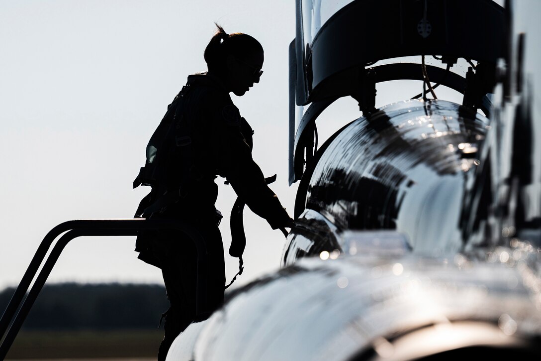 A silhouette of an airman getting into the cockpit of a jet.