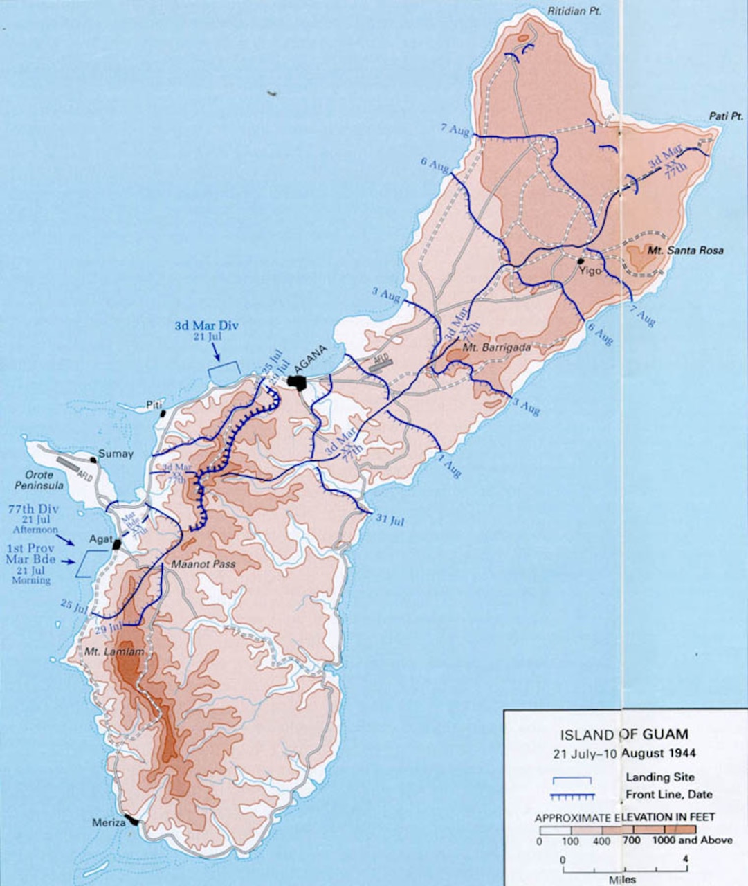 A map of Guam shows routes of troop movements.