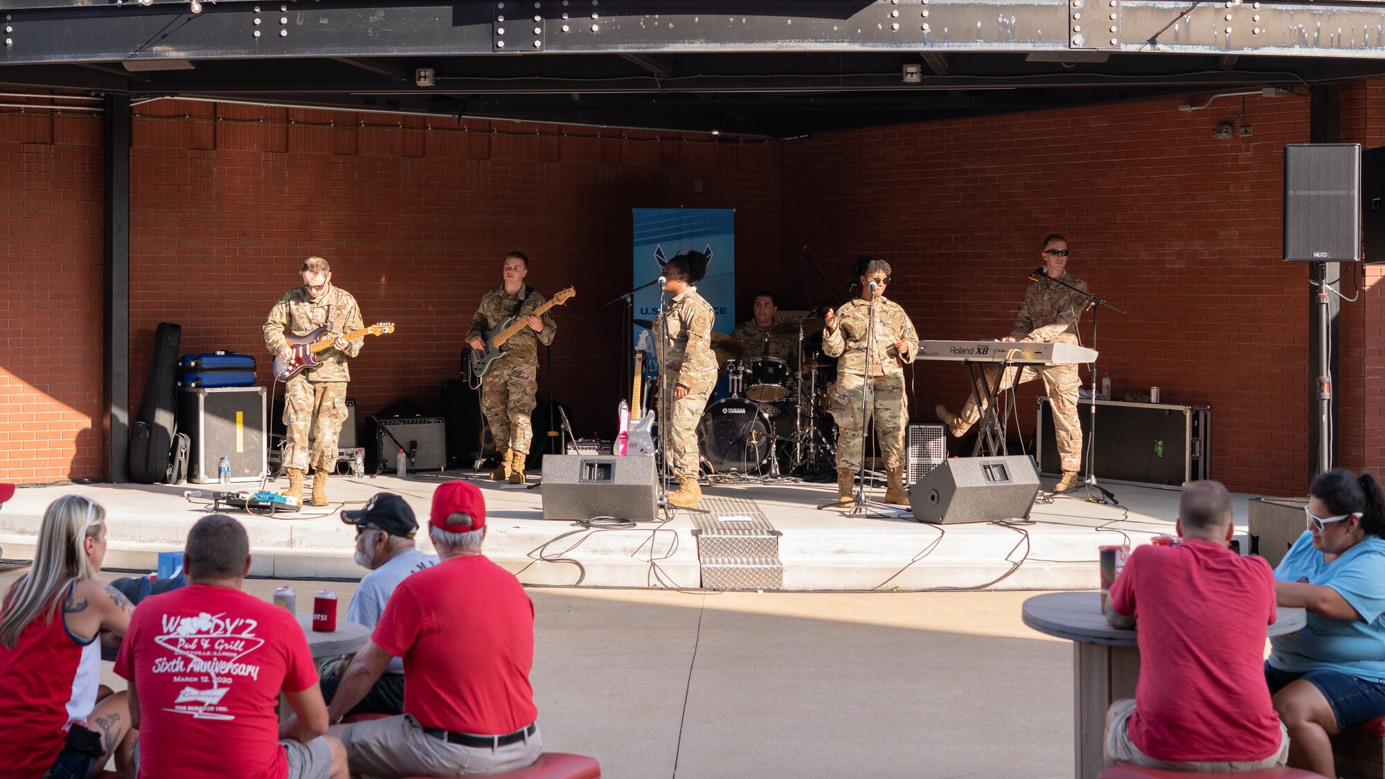 U.S. Air Force members of the USAF Band of Mid-America preform before a baseball game at Busch Stadium on St. Louis, Missouri, July 16, 2021. The USAF Band of Mid-America was established in 1942 at Jefferson Barracks, Missouri, but began working in its present base at Scott Air Force Base, Illinois in 1960.(U.S. Air Force Photo by Airman 1st Class Isaac Olivera)