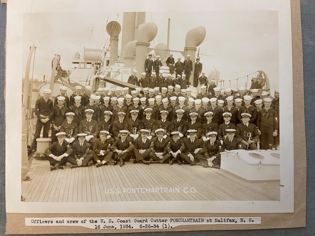 A photo of the "Officers and crew of the U.S. Coast Guard Cutter PONCHARTRAIN at Halifax, N.S.,