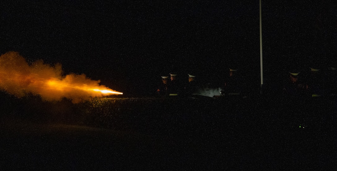 Marines with the Marine Barracks Washington’s Body Bearers fire the cannons during the Friday Evening Parade at Marine Barracks Washington, July 16, 2021. The hosting official for the evening was Gen. Gary L. Thomas, the Assistant Commandant of the Marine Corps, and the Guest of Honor was Major General Andrew Freeman AM, Head of Australian Defence Staff.