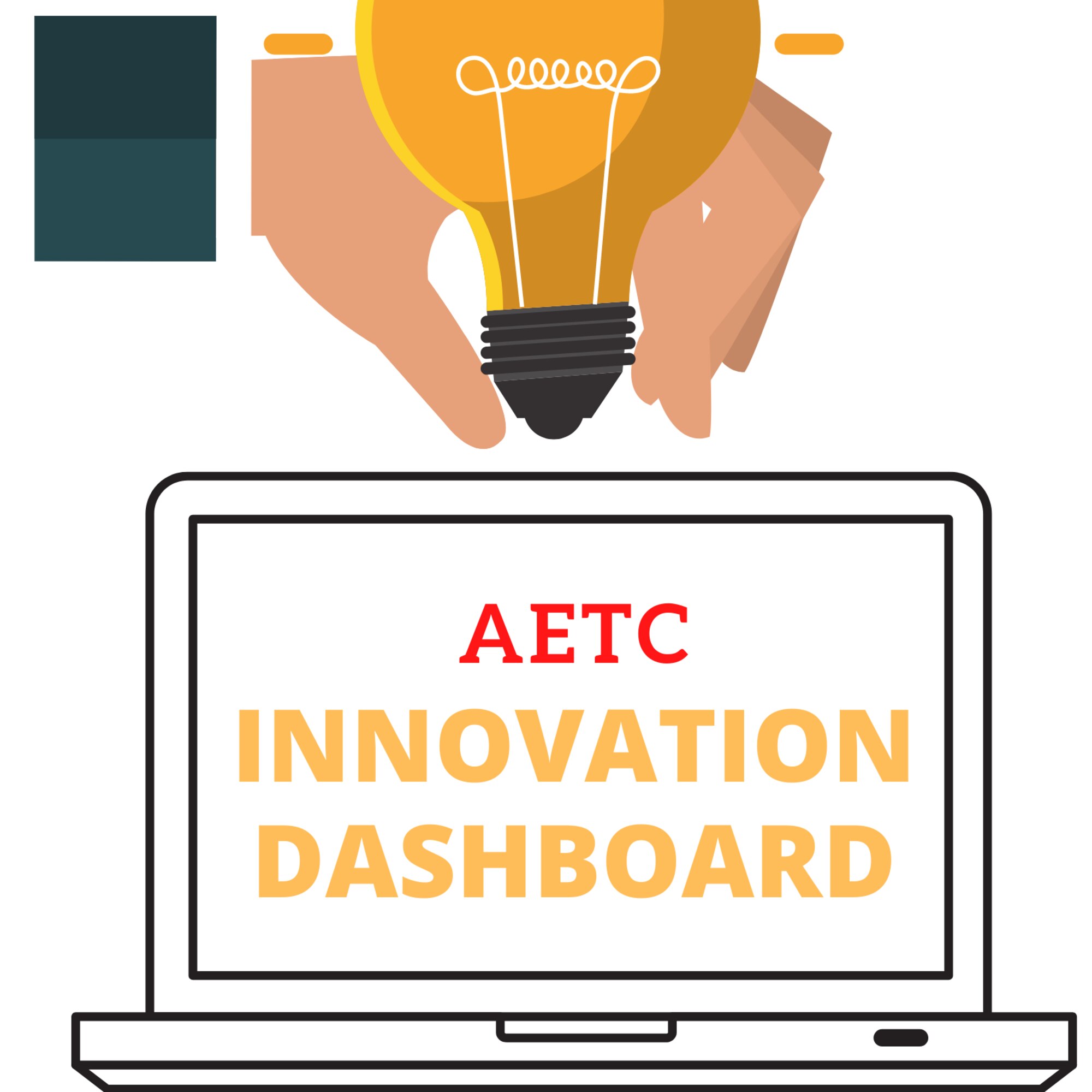 Graphic with man and woman looking at a computer screen on a graphic with words "AETC Innovation Dashboard" and the AETC logo with "The First Command" next to it.