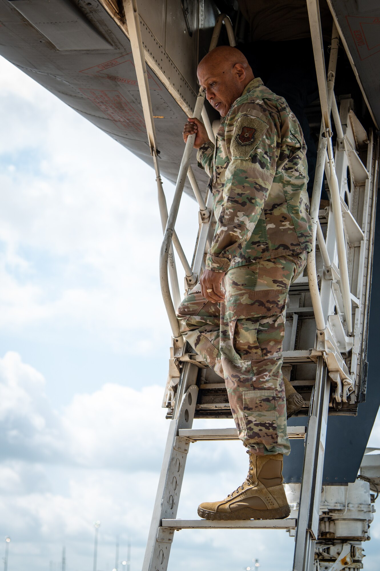 Lt. Gen. Anthony Cotton, Air Force Global Strike Commander deputy commander, exits the cockpit of a B-1B Lancer at Barksdale Air Force Base, Louisiana, July 16, 2021.