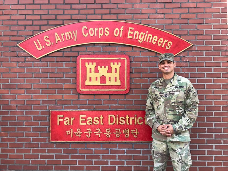 Army Master Sergeant David Montes Jr. poses for a photo in front of the Far East District headquarters building, prior to his commission at the Far East District Compound in Seoul, August 31, 2018.