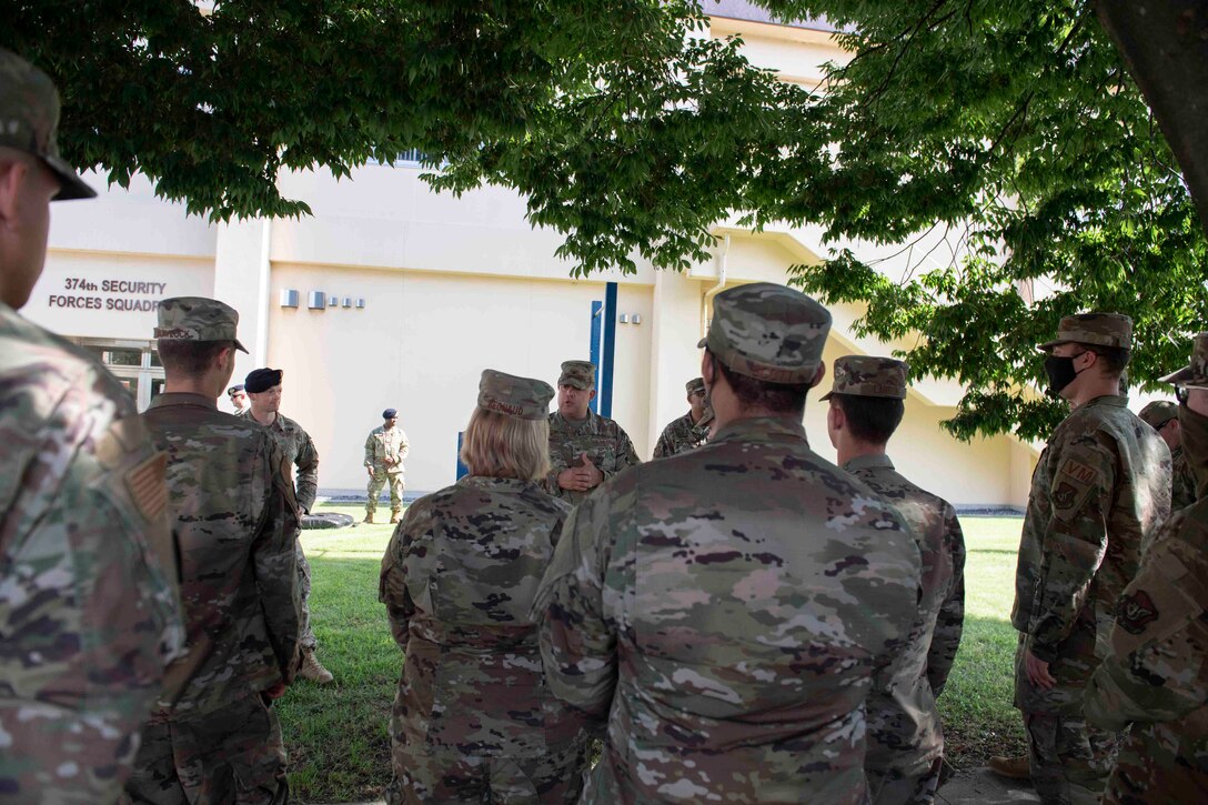 Col Patrick Launey, 374th Mission Support Group commander, speaks on the importance of the Agile Combat Employment to the Airmen who participated in a 374th MSG training day at Yokota Air Base, Japan, July 21, 2021.