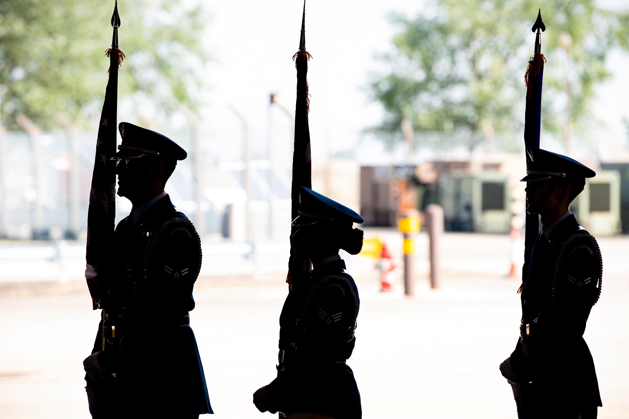 The 423rd Air Base Group base honor guard stand at attention prior to a change of command ceremony at RAF Alconbury, England, July 20, 2021. The ceremony is a military tradition that represents a formal transfer of a unit’s authority and responsibility from one commander to another. (U.S. Air Force photo by Senior Airman Eugene Oliver)