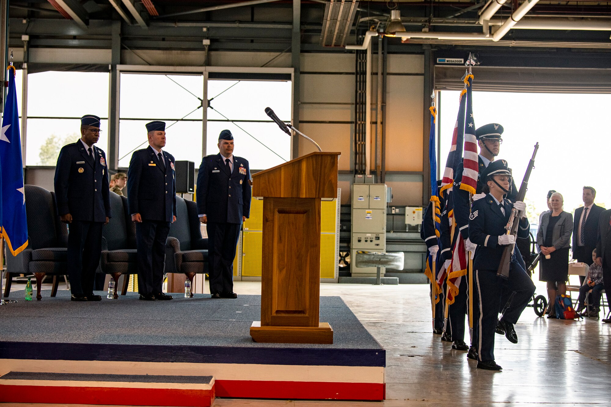 The 423rd Air Base Group base honor guard present the colors during a change of command ceremony at RAF Alconbury, England, July 20, 2021. During the ceremony, U.S. Air Force Col. Kurt Wendt, center left, relinquished command of the 501st Combat Support Wing to Col. Brian Filler, center right. (U.S. Air Force photo by Senior Airman Eugene Oliver)