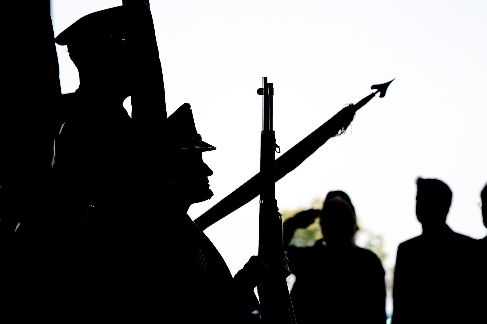 The 423rd Air Base Group base honor guard present the colors during a change of command ceremony at RAF Alconbury, England, July 20, 2021. The ceremony is a military tradition that represents a formal transfer of a unit’s authority and responsibility from one commander to another. (U.S. Air Force photo by Senior Airman Eugene Oliver)