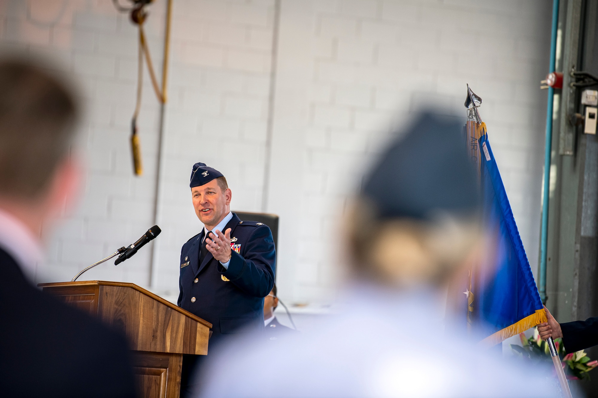 U.S. Air Force Col. Kurt Wendt, 501 Combat Support Wing outgoing commander, speaks during a change of command ceremony at RAF Alconbury, England, July 20, 2021. During the ceremony, Wendt relinquished command of the 501st CSW to Col. Brian Filler.  (U.S. Air Force photo by Senior Airman Eugene Oliver)