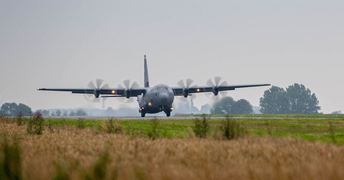 A C-130J Super Hercules aircraft takes off