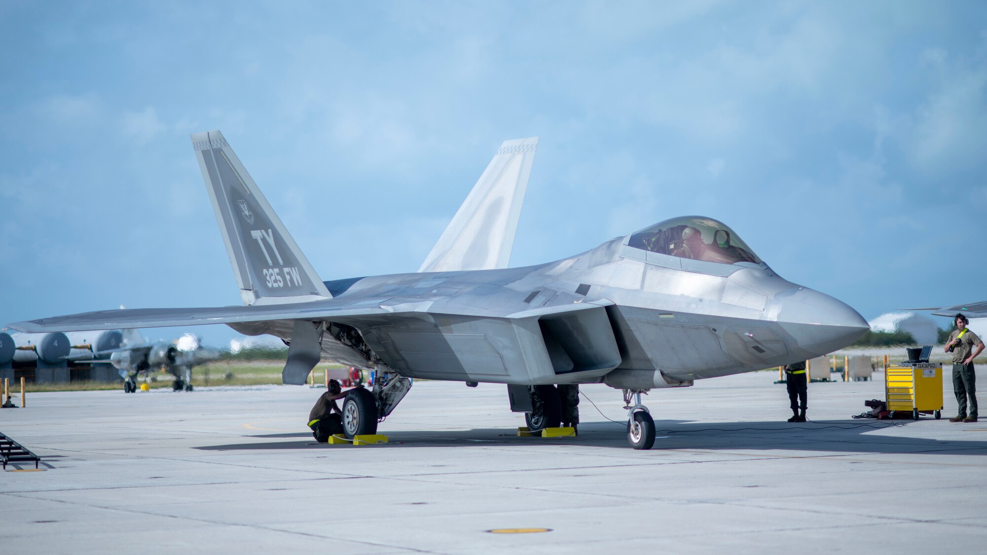 A U.S. Air Force F-22 Raptor sits on the flight line