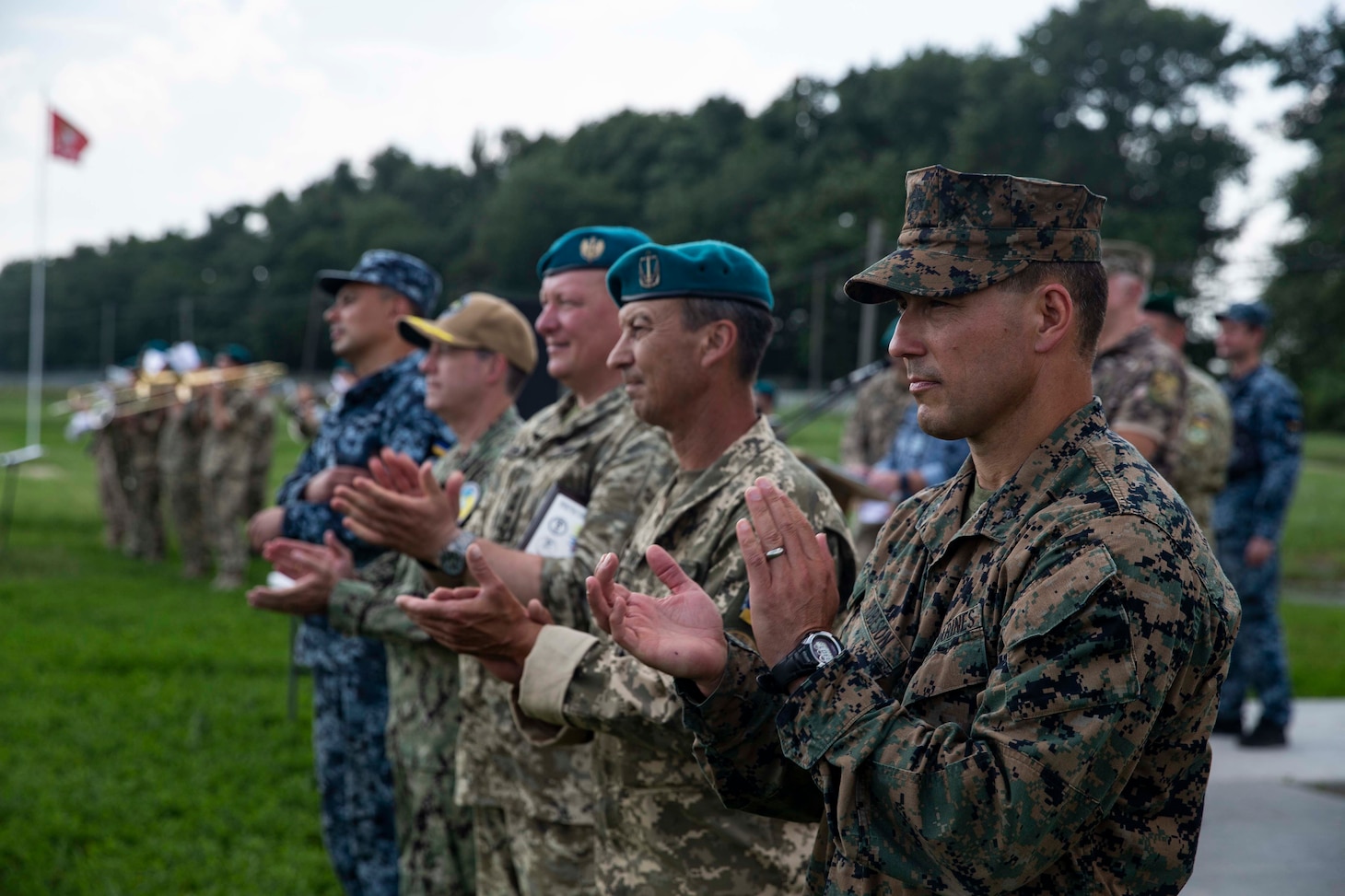 Senior leaders of the forces of the land component of Exercise Sea Breeze participate in the closing ceremony in Oleshky Sands, Ukraine, July 10, 2021.