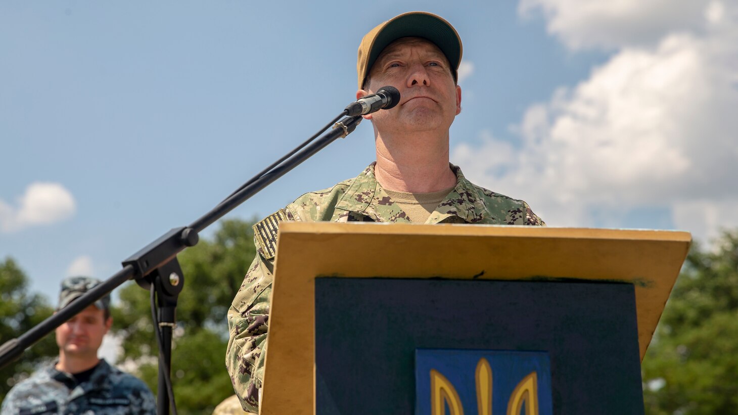 U.S. Navy Capt. Stuart Bauman, a senior officer with U.S. Sixth Fleet, gives his remarks in the closing ceremony of Exercise Sea Breeze 21 in a nondisclosed location on July 8, 2021.