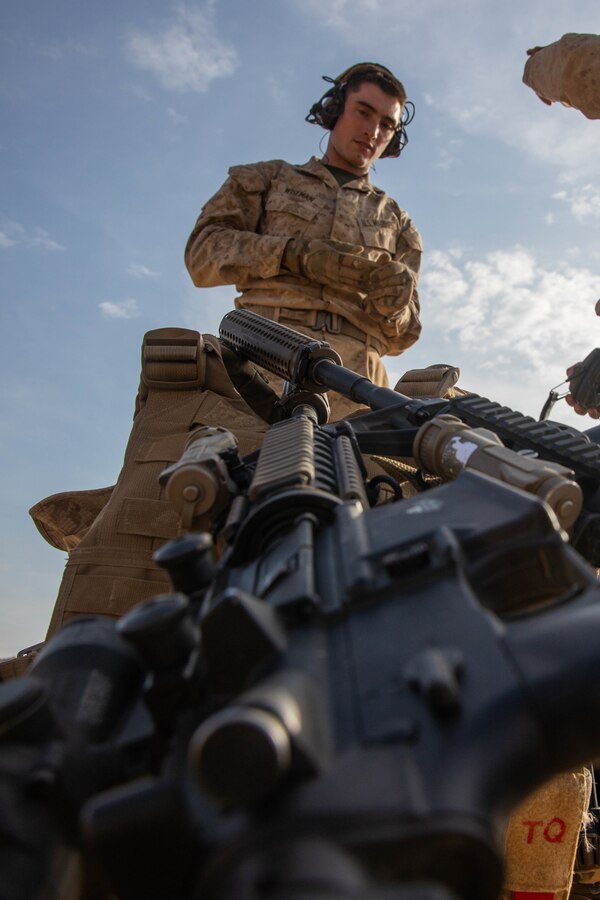Cpl. Heath Wiseman, a professionally instructed gunman with 3rd Battalion, 25th Marines, 4th Marine Division, prepares for a live-fire exercise at range 205 during Integrated Training Exercise (ITX) 4-21 at Marine Corps Air Ground Combat Center Twentynine Palms, California on July 21, 2021. ITX is the culmination of Marine Forces Reserve units’ training cycle as they participate in a live-fire, combined arms exercise as a part of an integrated Marine Air Ground Task Force. (U.S. Marine Corps photo by Lance Cpl. David Intriago)