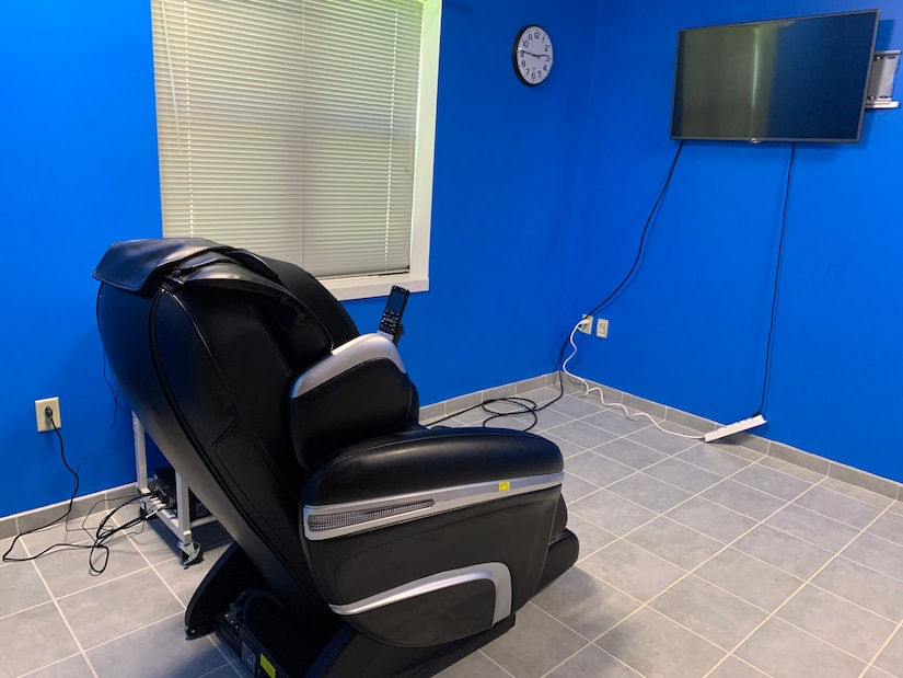 Progressive muscle relaxation, using a massage chair, is one of the stress management techniques practiced at the Army Wellness Center on Joint Base Langley-Eustis, Virginia.