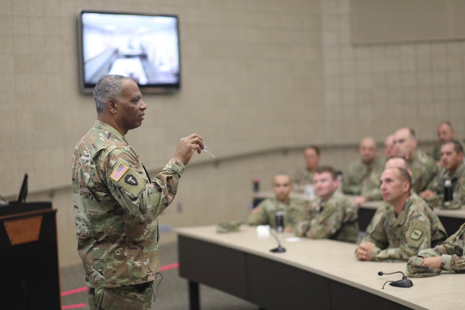 Army National Guard Command Sgt. Maj. John Sampa addresses South Dakota Army National Guard Soldiers at Camp Rapid in Rapid City, S.D., July 11, 2021. Sampa’s talked about his initiative to have open conversations about suicide, sexual harassment and sexual assault in the National Guard.