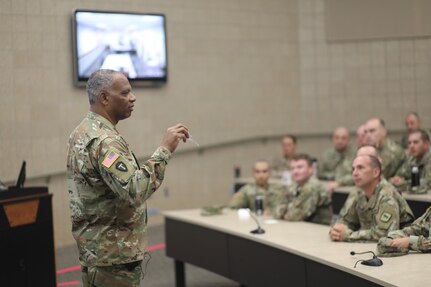 Army National Guard Command Sgt. Maj. John Sampa addresses South Dakota Army National Guard Soldiers at Camp Rapid in Rapid City, S.D., July 11, 2021. Sampa’s talked about his initiative to have open conversations about suicide, sexual harassment and sexual assault in the National Guard.