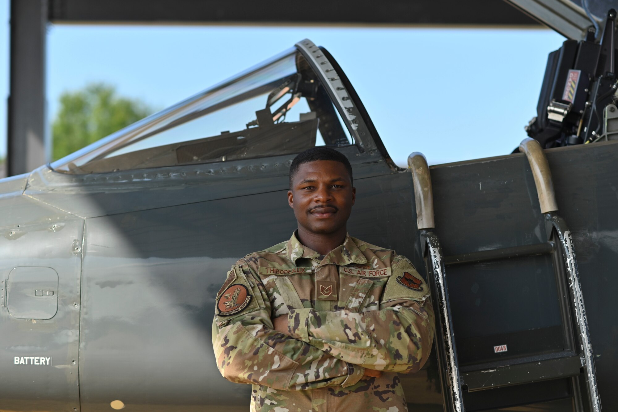 U.S. Air Force Tech. Sgt. Teddrick Thibodeaux, 14th Operations Support Squadron Aircrew Flight Equipment (AFE) flight chief, poses for a photo on the flight line, July 22, 2021, on Columbus Air Force Base, Miss. Thibodeaux was selected to become a part of the elite Thunderbirds and will being his new journey in September, 2021. (U.S. Air Force photo by Airman 1st Class Jessica Haynie)