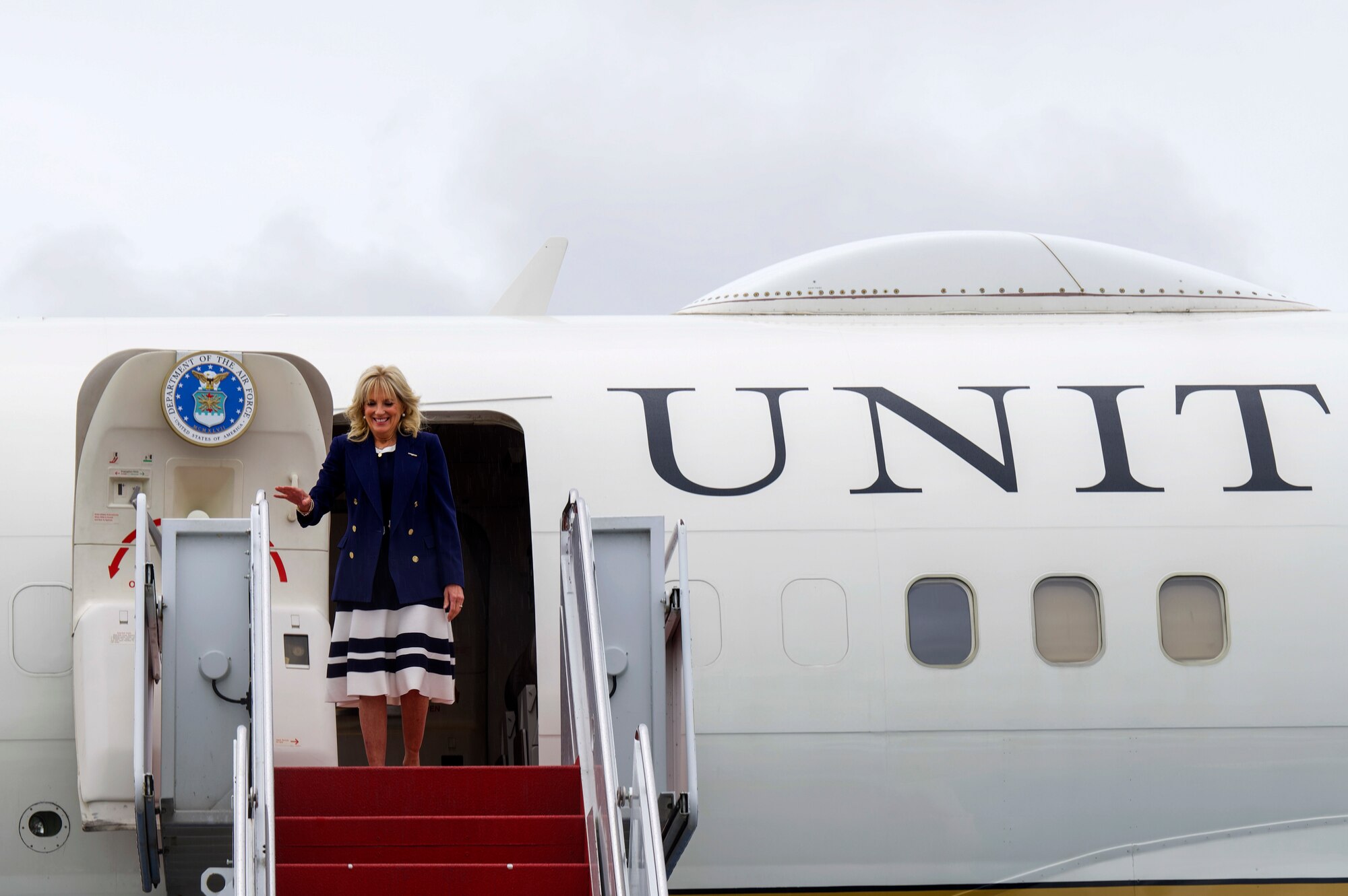 First Lady Dr. Jill Biden visits Joint Base Elmendorf-Richardson, Alaska, July 21, 2021, during a refueling stop. Dr. Biden was traveling to the 2020 Tokyo Summer Olympics.