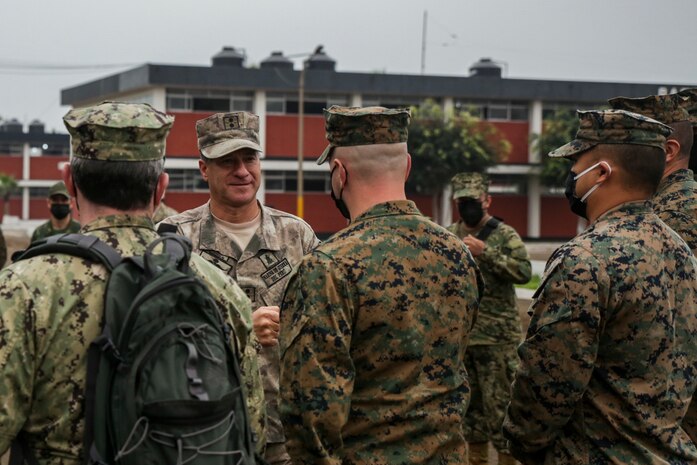 Rear Admiral José Enrique Hernandez Samanez, Commandant of the Peruvian Marine Corps, welcomes the multinational group to the Ancon Naval Base for a multinational amphibious planning conference hosted by the Peruvian Marine Corps in Ancon, Peru, Jul. 16, 2021. Amphibious partners from Peru, Argentina, Brazil, Chile, Colombia, Ecuador, Mexico, Uruguay, and the United States gathered at the newly established International Amphibious Training Center to share experiences, tactics, and lessons learned related to amphibious operations.